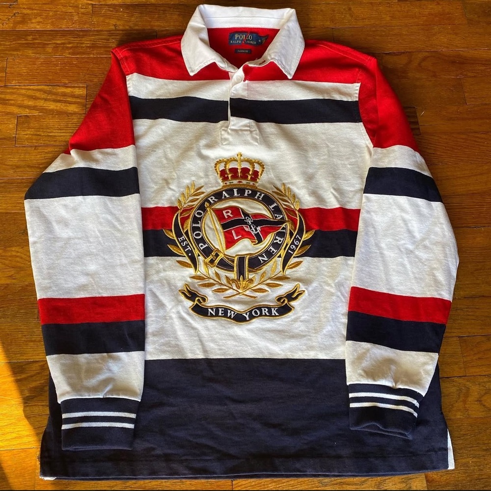 Polo Ralph Lauren Red and Navy Striped RL Crest Rugby Shirt Medium NWOT